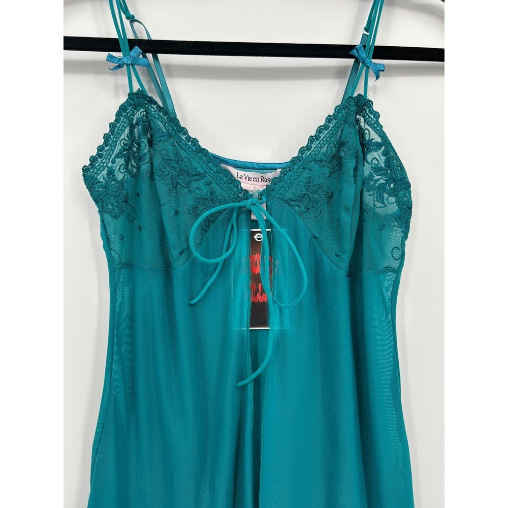 La Vie en Rose Teal Mesh Babydoll Chemise Lingerie Floral Embroidery Bows Medium